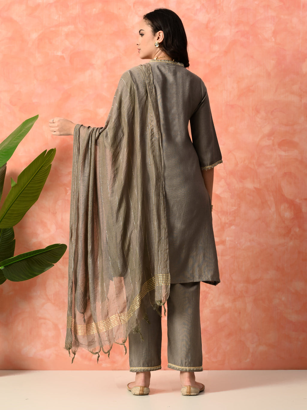 Myshka Gray Silk Blend Straight V-Neck Three-Quarter Sleeves Kurta Trousers With Dupatta