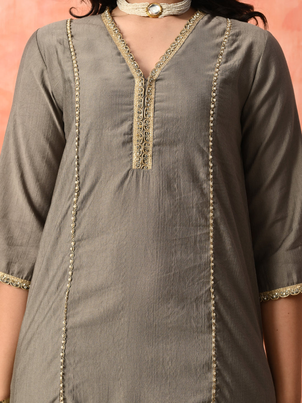 Myshka Gray Silk Blend Straight V-Neck Three-Quarter Sleeves Kurta Trousers With Dupatta