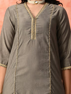 Myshka Gray Silk Blend Straight V-Neck Three-Quarter Sleeves Kurta Trousers With Dupatta