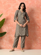 Myshka Gray Silk Blend Straight V-Neck Three-Quarter Sleeves Kurta Trousers With Dupatta