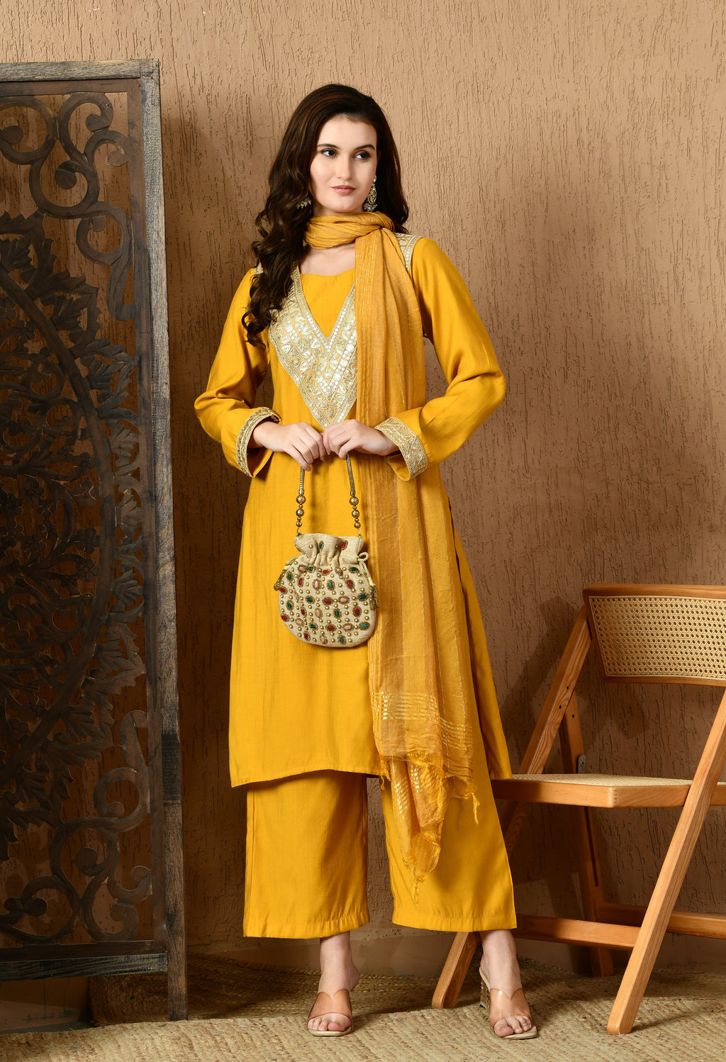 Myshka Musturd Silk Blend Straight Round Neck Long Sleeves Kurta Trousers With Dupatta