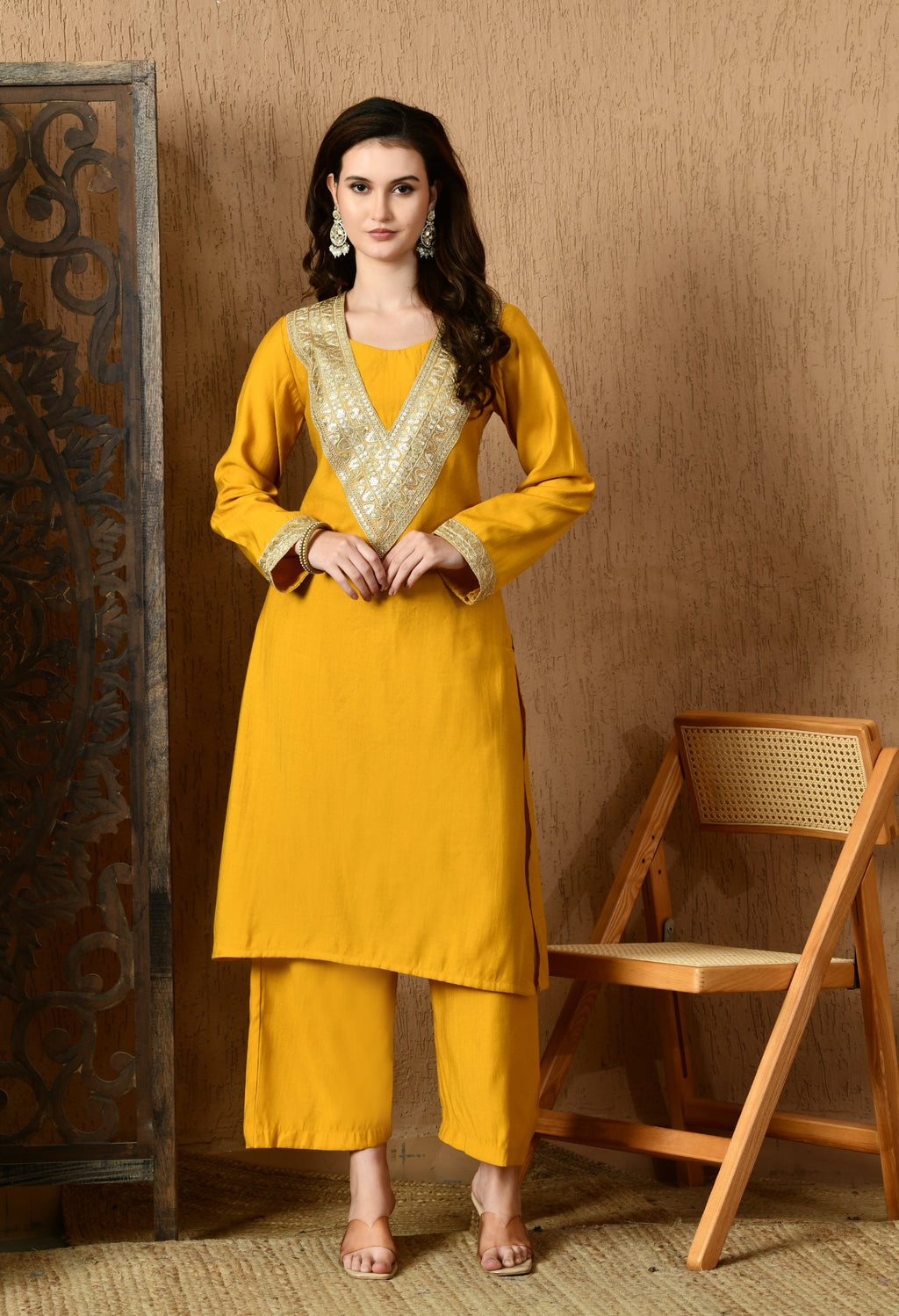 Myshka Musturd Silk Blend Straight Round Neck Long Sleeves Kurta Trousers With Dupatta