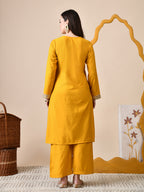 Myshka Musturd Silk Blend Straight Round Neck Long Sleeves Kurta Trousers Set