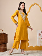 Myshka Musturd Silk Blend Straight Round Neck Long Sleeves Kurta Trousers Set