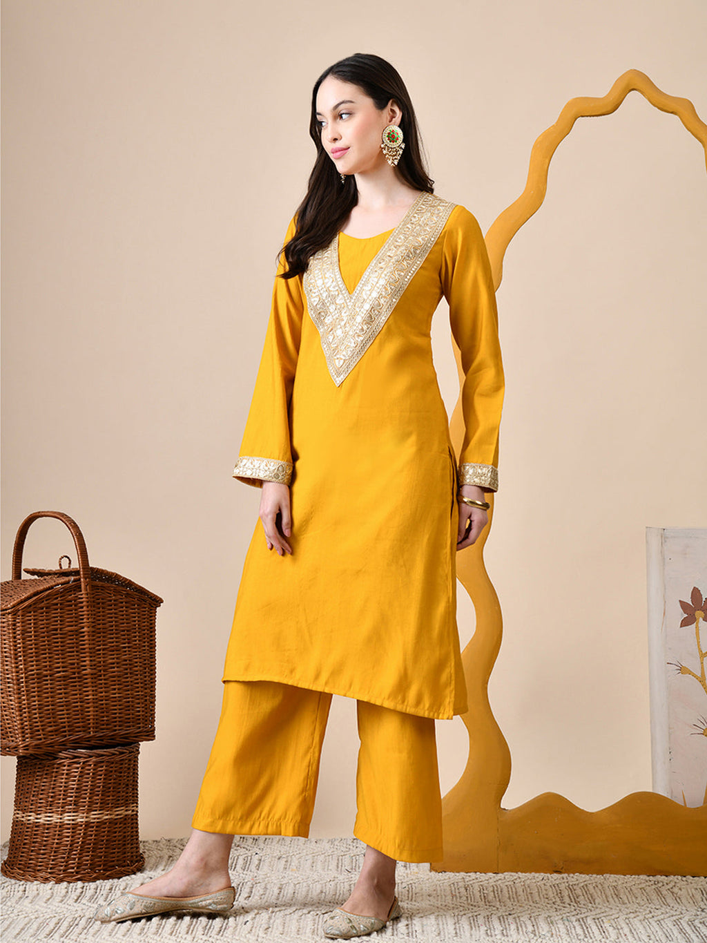 Myshka Musturd Silk Blend Straight Round Neck Long Sleeves Kurta Trousers Set