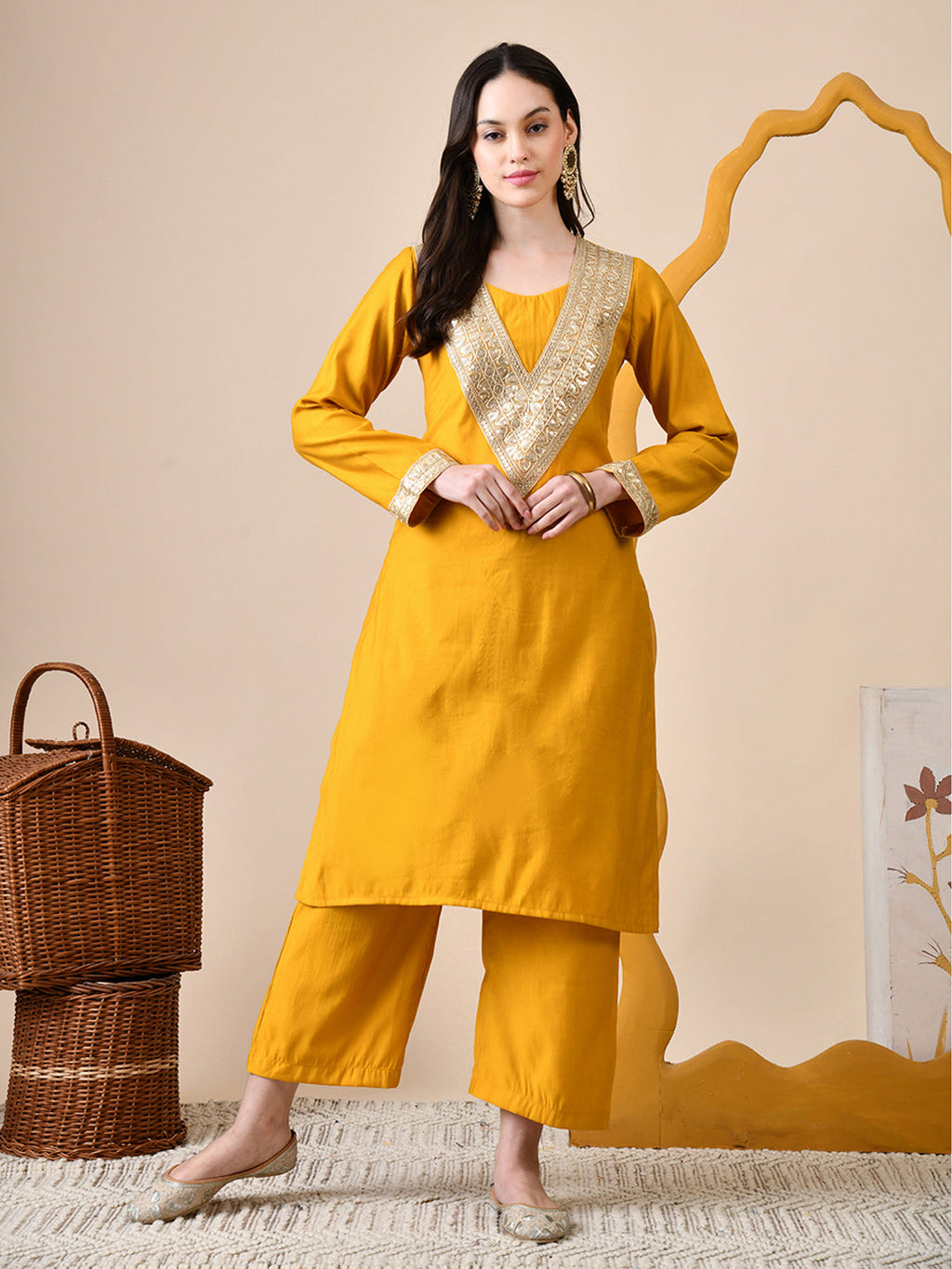 Myshka Musturd Silk Blend Straight Round Neck Long Sleeves Kurta Trousers Set