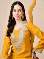 Myshka Musturd Silk Blend Straight Round Neck Long Sleeves Kurta Trousers Set