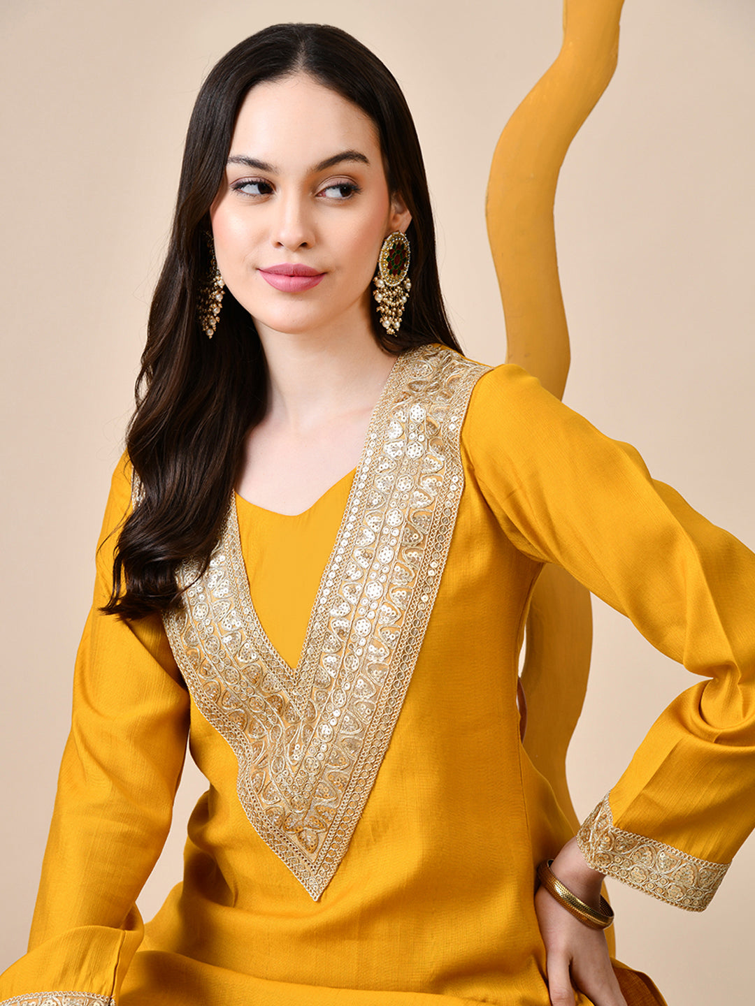 Myshka Musturd Silk Blend Straight Round Neck Long Sleeves Kurta Trousers Set