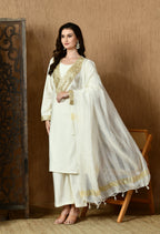 Myshka White Silk Blend Straight Round Neck Long Sleeves Kurta Trousers With Dupatta