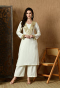 Myshka White Silk Blend Straight Round Neck Long Sleeves Kurta Trousers With Dupatta