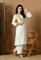 Myshka White Silk Blend Straight Round Neck Long Sleeves Kurta Trousers With Dupatta