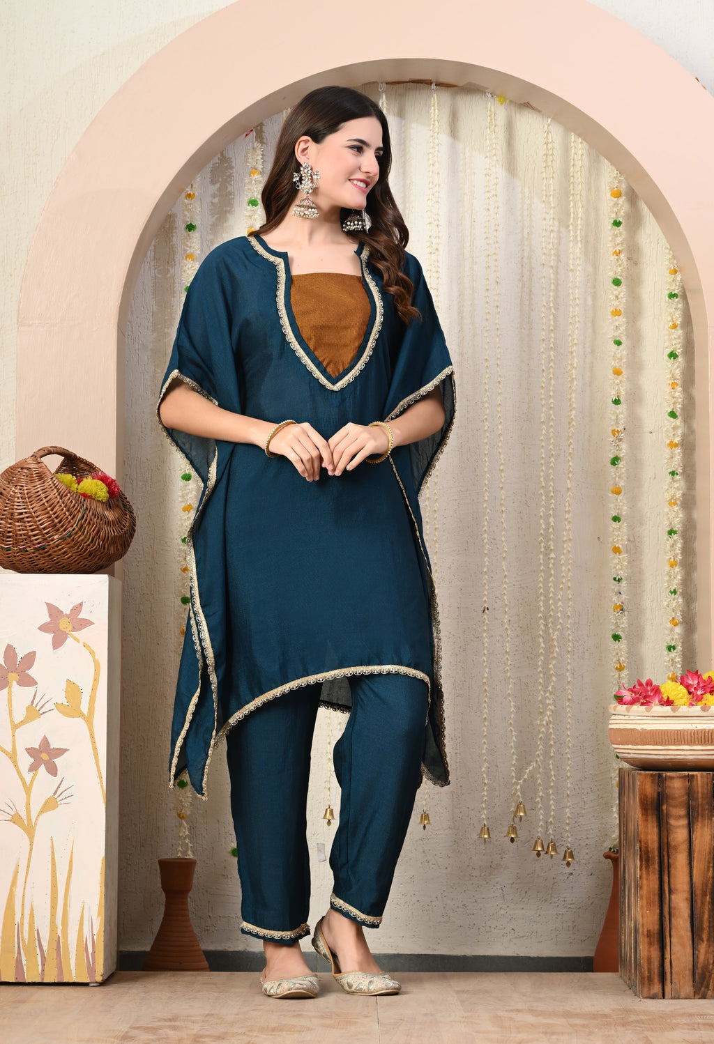 Myshka Blue Silk Blend Kaftan Round Neck Short Sleeves Kurta Trousers Set