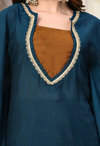 Myshka Blue Silk Blend Kaftan Round Neck Short Sleeves Kurta Trousers Set