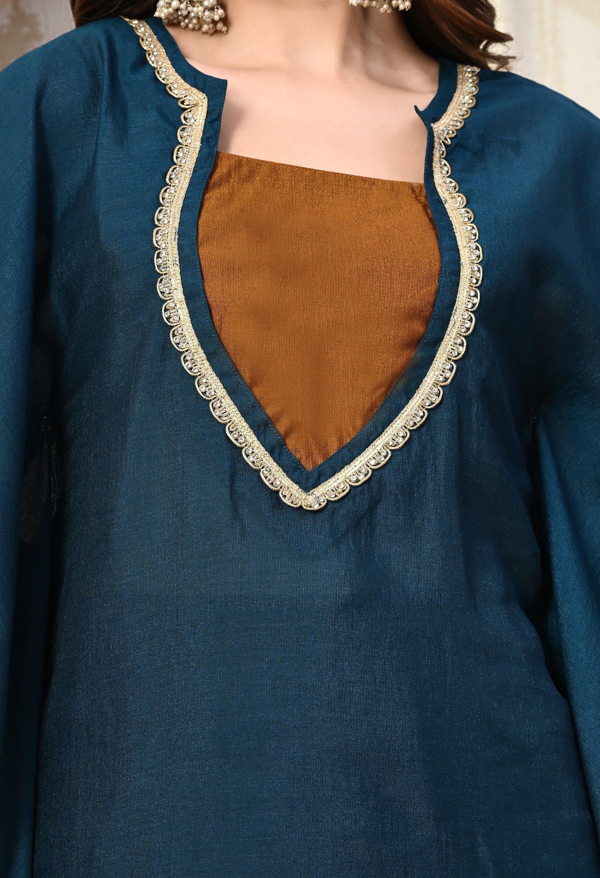 Myshka Blue Silk Blend Kaftan Round Neck Short Sleeves Kurta Trousers Set