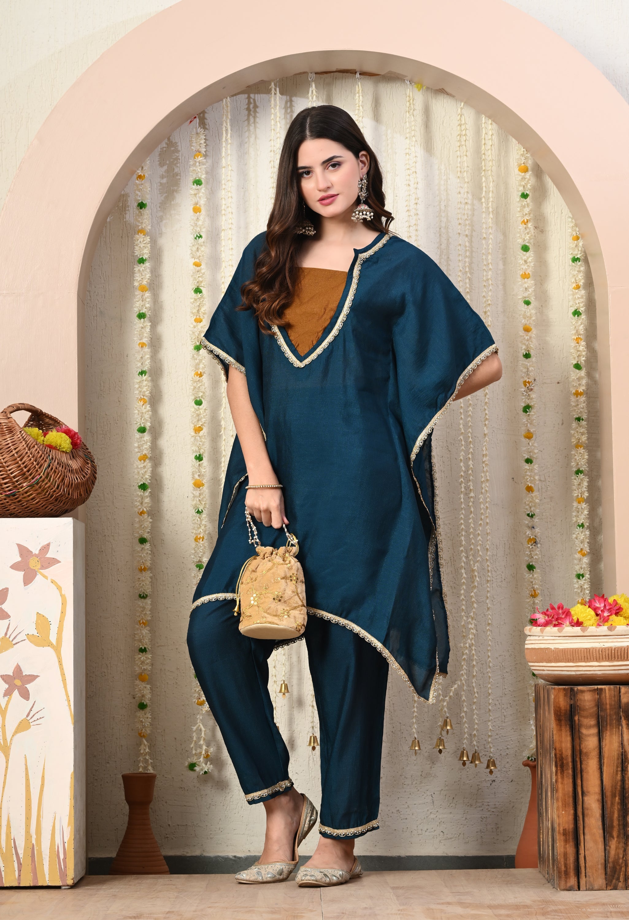 Myshka Blue Silk Blend Kaftan Round Neck Short Sleeves Kurta Trousers Set