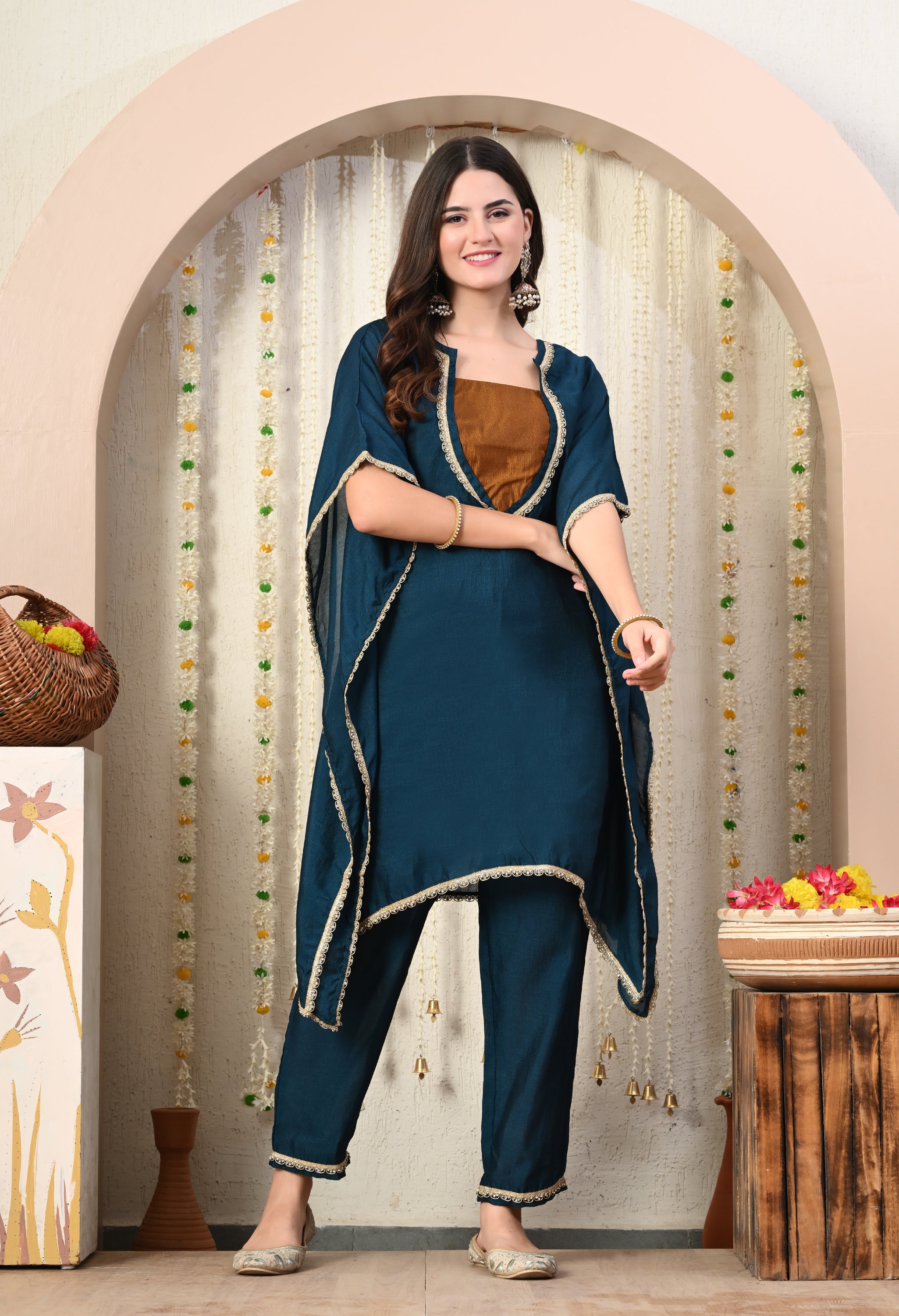 Myshka Blue Silk Blend Kaftan Round Neck Short Sleeves Kurta Trousers Set