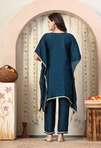 Myshka Blue Silk Blend Kaftan Round Neck Short Sleeves Kurta Trousers Set