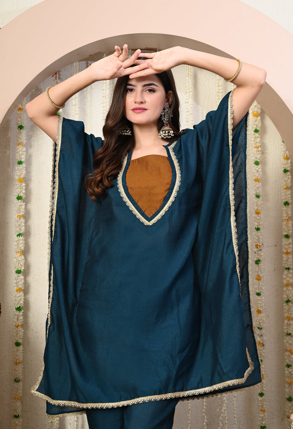 Myshka Blue Silk Blend Kaftan Round Neck Short Sleeves Kurta Trousers Set