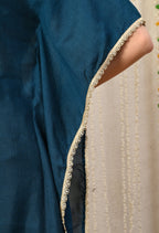 Myshka Blue Silk Blend Kaftan Round Neck Short Sleeves Kurta Trousers Set