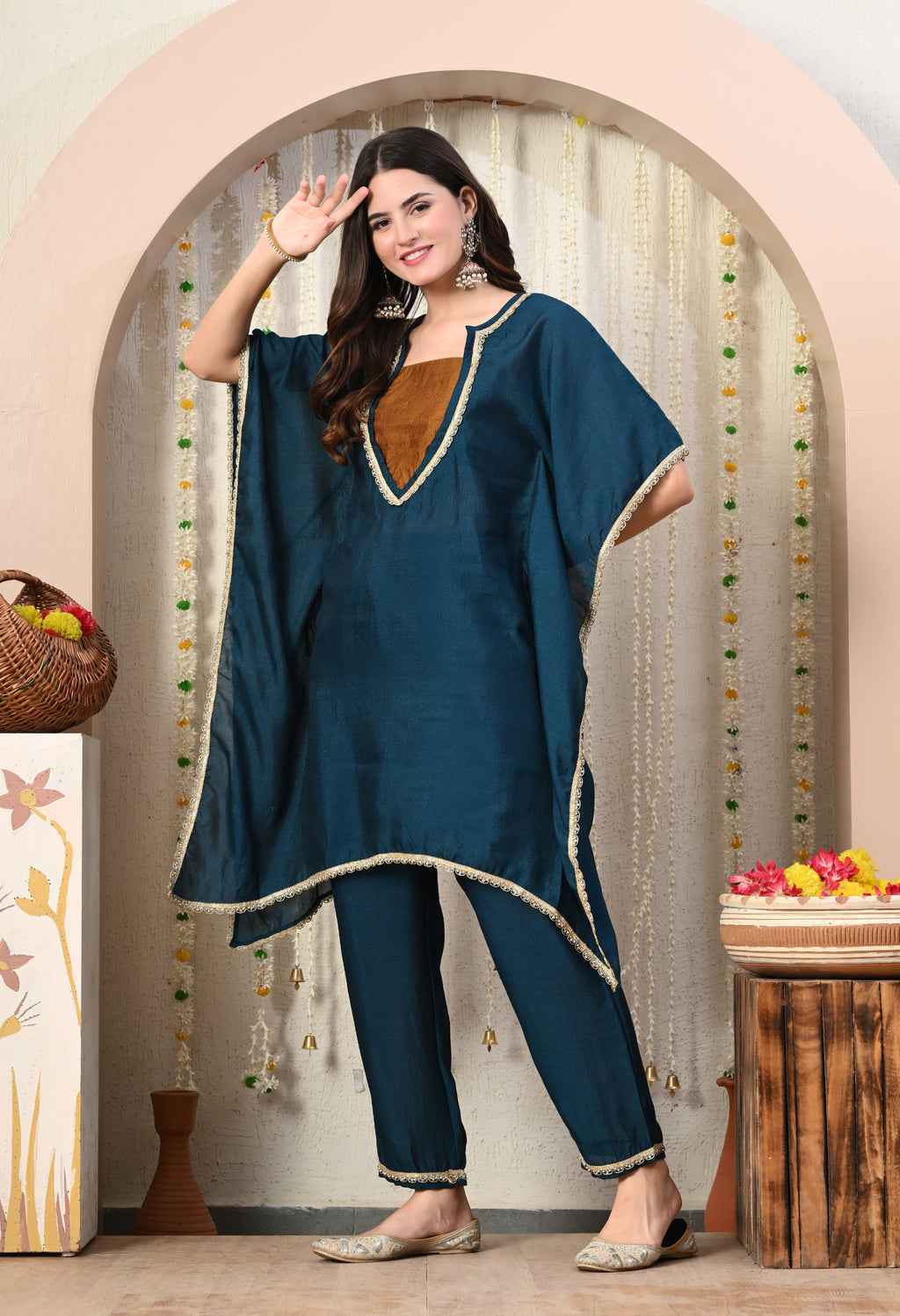 Myshka Blue Silk Blend Kaftan Round Neck Short Sleeves Kurta Trousers Set