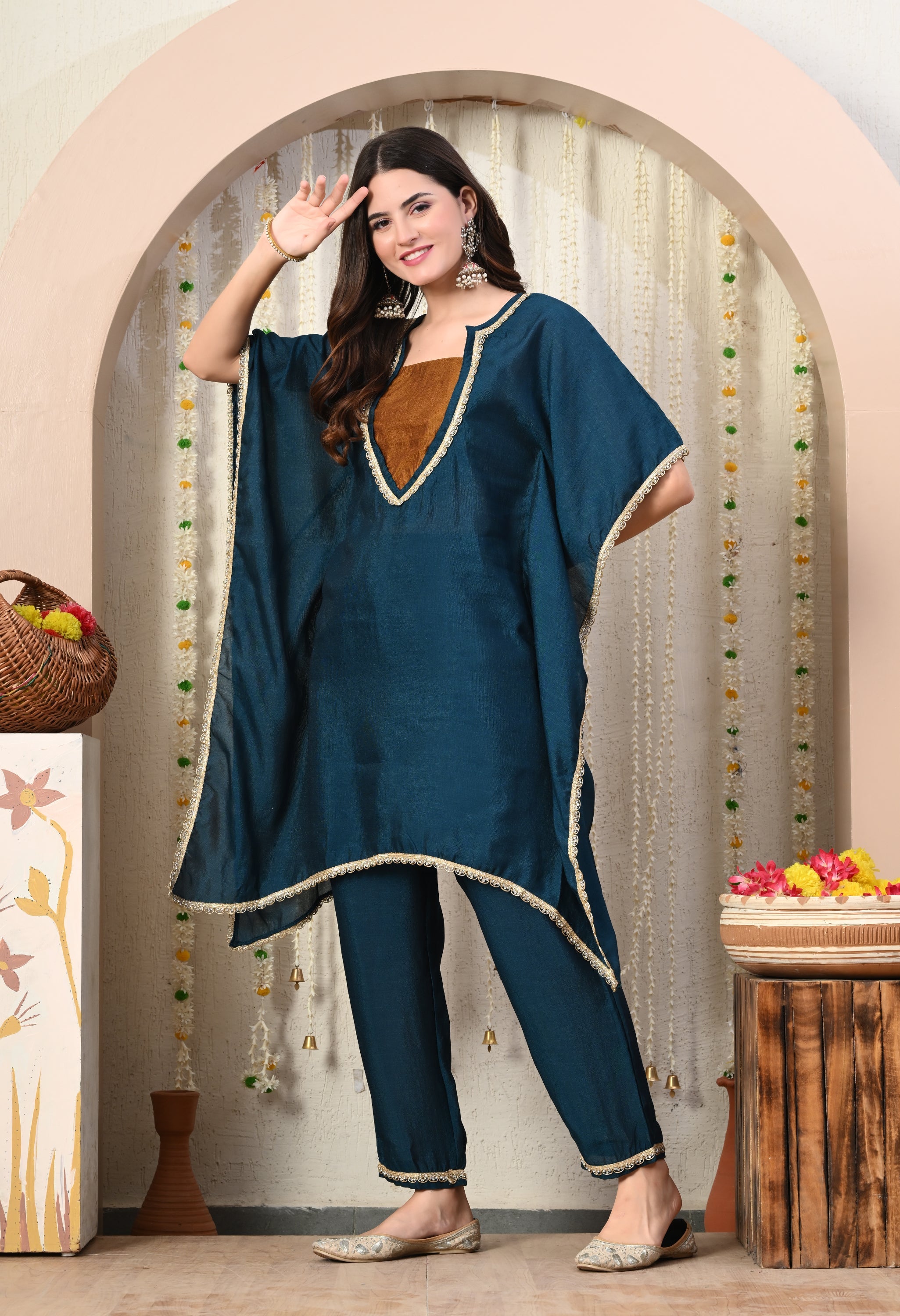 Myshka Blue Silk Blend Kaftan Round Neck Short Sleeves Kurta Trousers Set