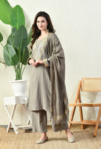 Myshka Gray Silk Blend Straight Round Neck Long Sleeves Kurta Trousers With Dupatta