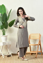 Myshka Gray Silk Blend Straight Round Neck Long Sleeves Kurta Trousers With Dupatta