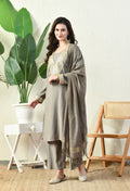 Myshka Gray Silk Blend Straight Round Neck Long Sleeves Kurta Trousers With Dupatta