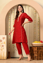 Myshka Red Silk Blend Straight Round Neck Three-Quarter Sleeves Kurta Trousers Set