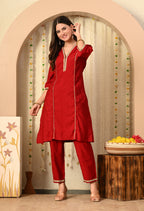 Myshka Red Silk Blend Straight Round Neck Three-Quarter Sleeves Kurta Trousers Set