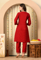 Myshka Red Silk Blend Straight Round Neck Three-Quarter Sleeves Kurta Trousers Set