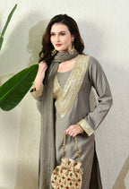 Myshka Gray Silk Blend Straight Round Neck Long Sleeves Kurta Trousers With Dupatta