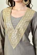 Myshka Gray Silk Blend Straight Round Neck Long Sleeves Kurta Trousers With Dupatta