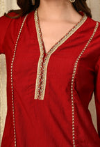 Myshka Red Silk Blend Straight Round Neck Three-Quarter Sleeves Kurta Trousers Set