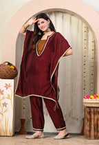 Myshka Maroon Silk Blend Kaftan Round Neck Short Sleeves Kurta Trousers Set