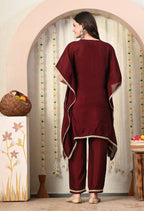 Myshka Maroon Silk Blend Kaftan Round Neck Short Sleeves Kurta Trousers Set