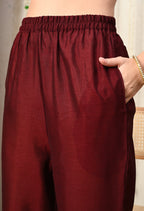 Myshka Maroon Silk Blend Kaftan Round Neck Short Sleeves Kurta Trousers Set