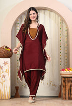 Myshka Maroon Silk Blend Kaftan Round Neck Short Sleeves Kurta Trousers Set