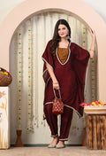 Myshka Maroon Silk Blend Kaftan Round Neck Short Sleeves Kurta Trousers Set