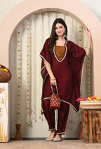 Myshka Maroon Silk Blend Kaftan Round Neck Short Sleeves Kurta Trousers Set