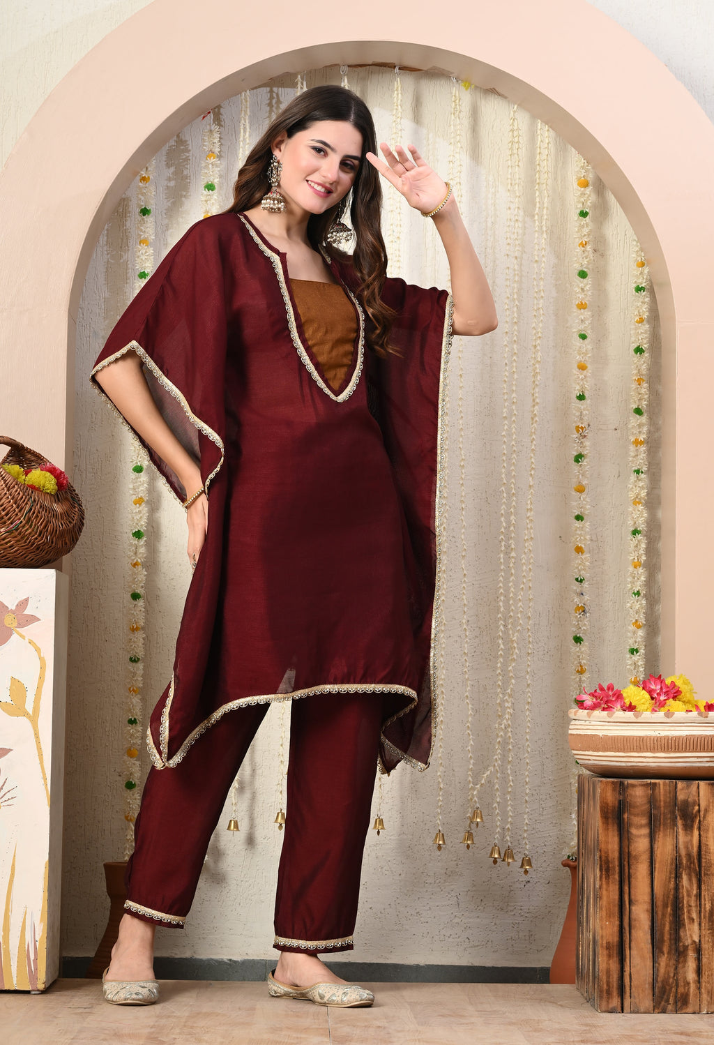 Myshka Maroon Silk Blend Kaftan Round Neck Short Sleeves Kurta Trousers Set