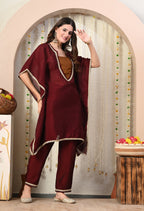 Myshka Maroon Silk Blend Kaftan Round Neck Short Sleeves Kurta Trousers Set