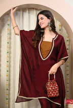 Myshka Maroon Silk Blend Kaftan Round Neck Short Sleeves Kurta Trousers Set