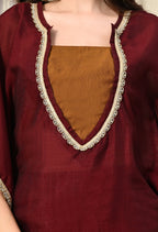 Myshka Maroon Silk Blend Kaftan Round Neck Short Sleeves Kurta Trousers Set