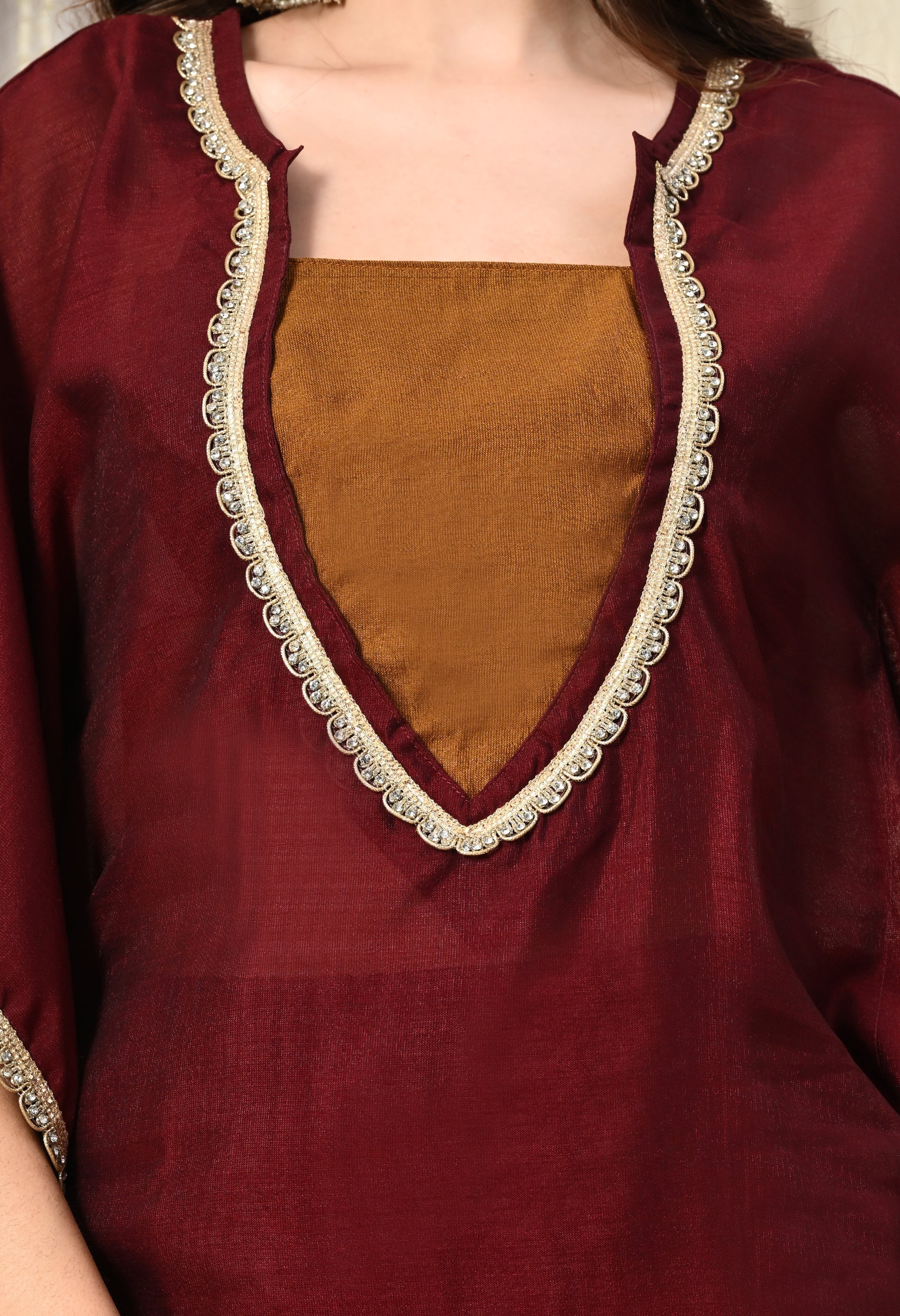 Myshka Maroon Silk Blend Kaftan Round Neck Short Sleeves Kurta Trousers Set