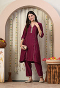 Myshka Wine Silk Blend Straight Round Neck Three-Quarter Sleeves Kurta Trousers Set
