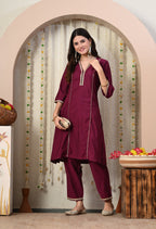 Myshka Wine Silk Blend Straight Round Neck Three-Quarter Sleeves Kurta Trousers Set