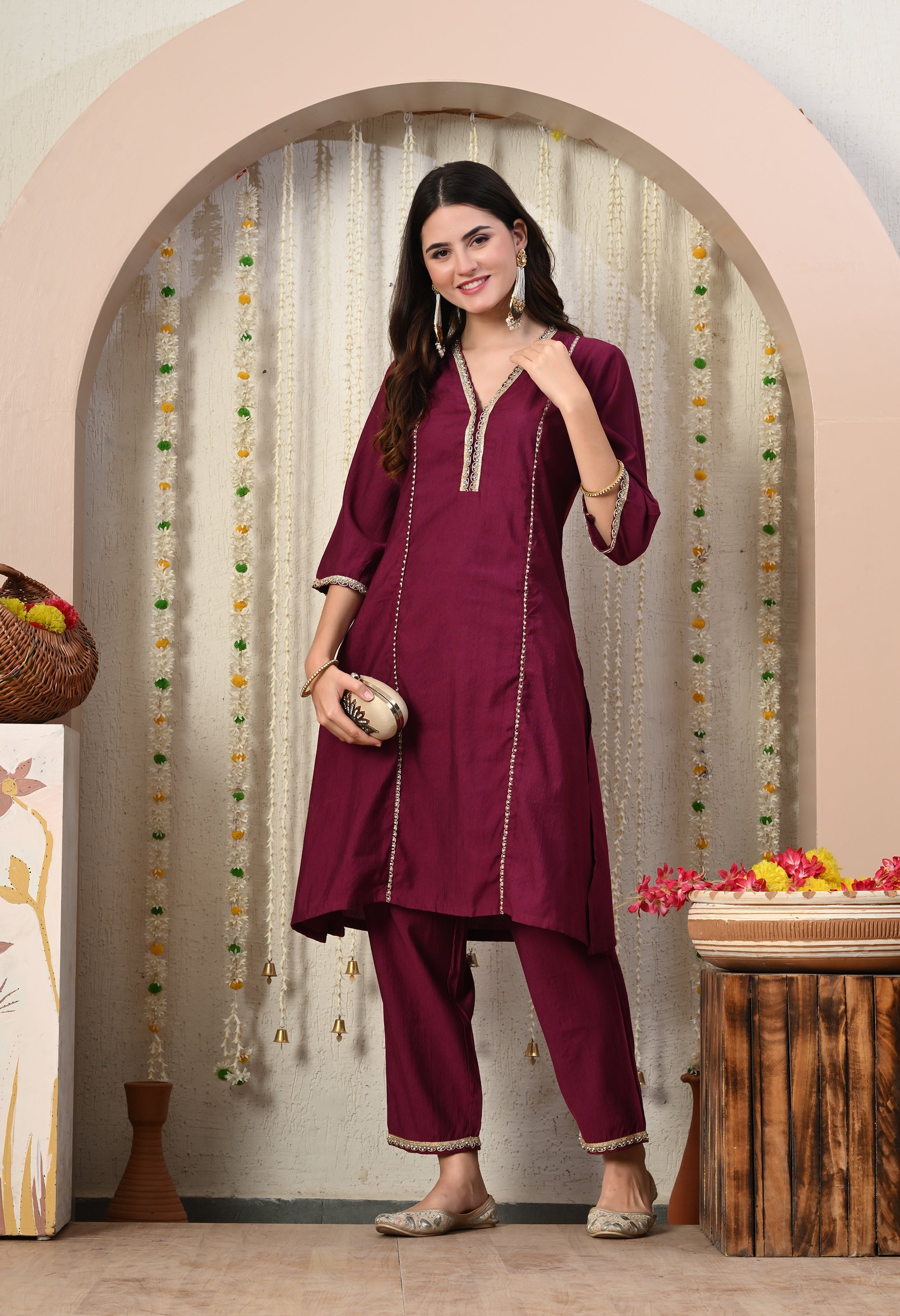 Myshka Wine Silk Blend Straight Round Neck Three-Quarter Sleeves Kurta Trousers Set