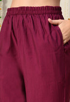 Myshka Wine Silk Blend Straight Round Neck Three-Quarter Sleeves Kurta Trousers Set