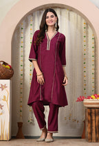 Myshka Wine Silk Blend Straight Round Neck Three-Quarter Sleeves Kurta Trousers Set